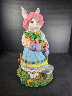 90s Hand Painted Ceramic Bunny With Green Floral Lace Trimmed Dress